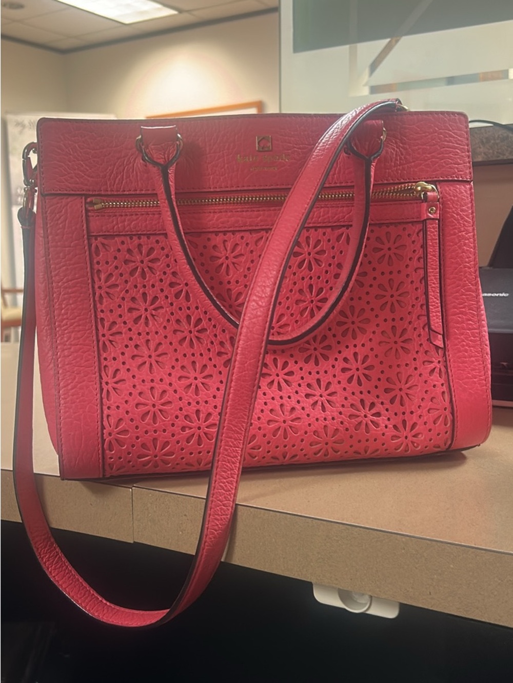 kate spade Pink Floral Laser-Cut Leather Tote with Gold Hardware - Picture 2 of 3